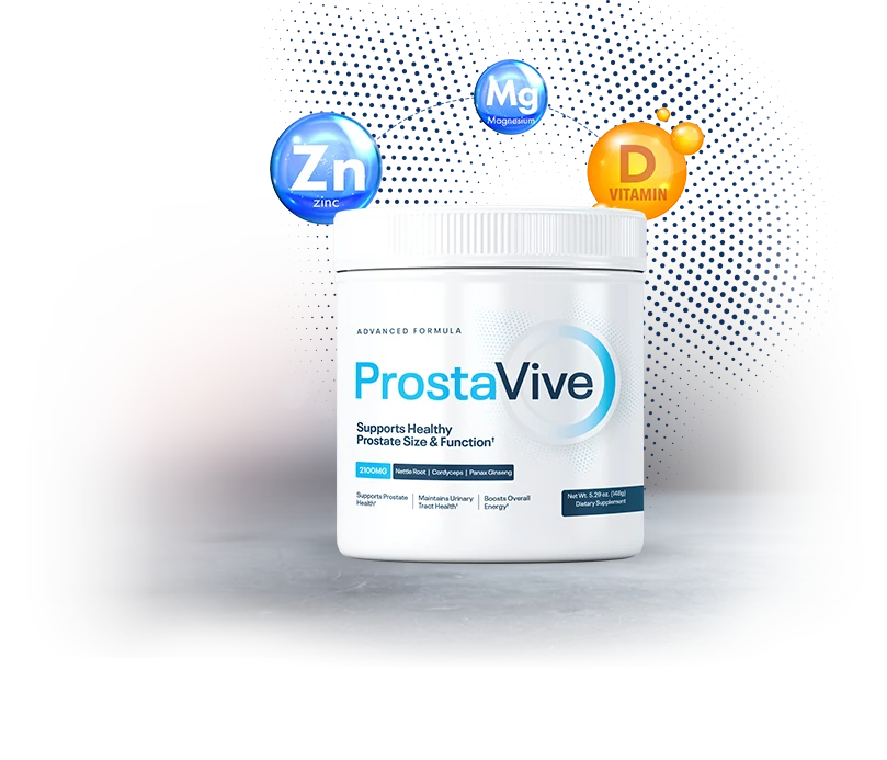 ProstaVive Advanced Formula tub of powder drink mix with zinc, magnesium and vitamin D bubbles