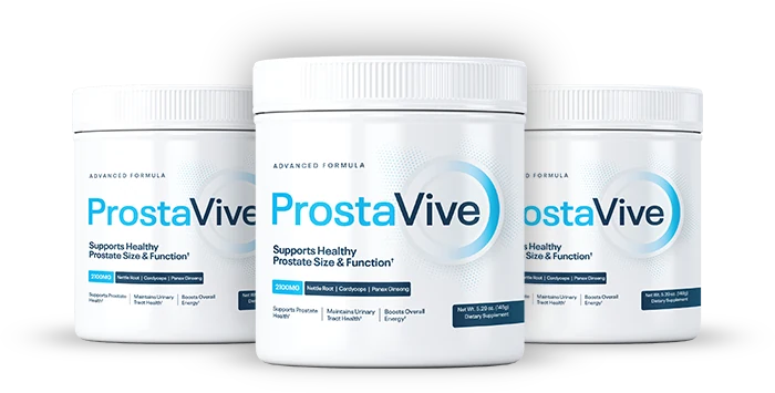 Three ProstaVive tubs of powder drink mix side by side, the 90-day supply